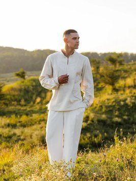 Вишиванка чоловіча молочна з вишивкою тон-в-тон M-01 фото
