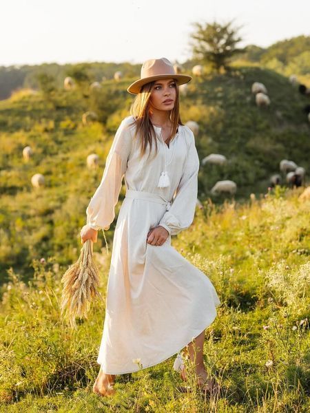 Milky-white embroidered dress with a belt