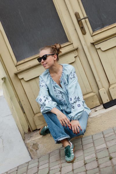 &ldquo;Nebesna&rdquo; Vyshyvanka &mdash; a light blue blouse with floral embroidery